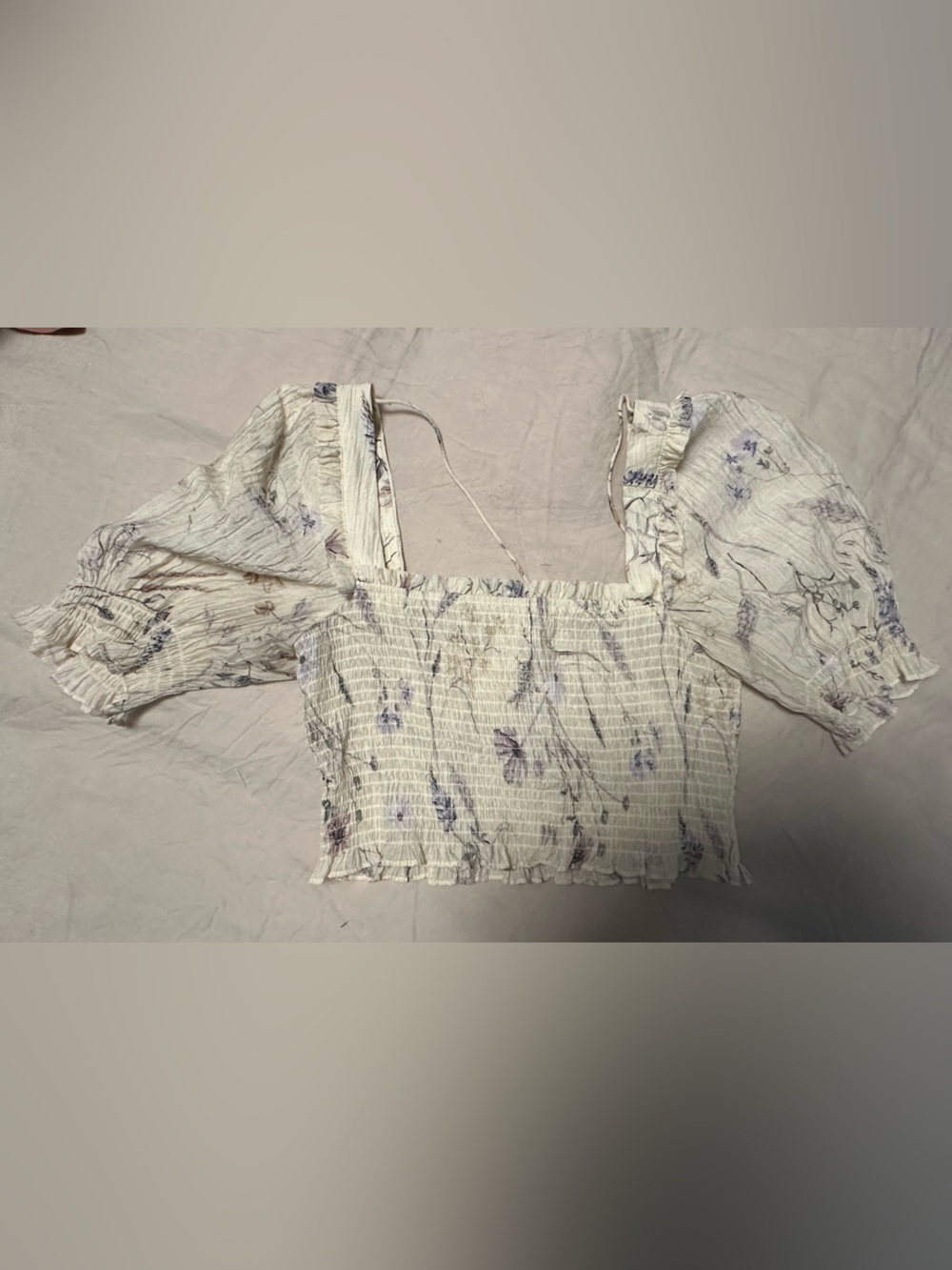 Light Floral Smocked Crop Blouse - Cream with Lavender Print